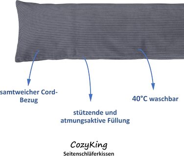 Подушка для сну на боку 200x40 см Cord / Кремовий - з сертифікатом Öko-Tex, прання при 40°C, ідеальна як подушка для вагітних, годування або для тривалого сну (Сірий, 200x40 см)