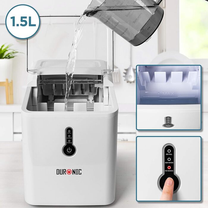Автоматична льодогенераторна машина Duronic ICM120, 1,5 л, до 12 кг льоду на добу, 120 Вт, швидке приготування кубиків льоду, лоток 600 г