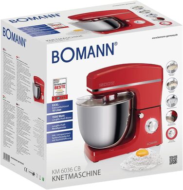 Кухонна машина Bomann KM 6036 CB червона: 1500 Вт, 10 л чаша, 8 швидкостей, для приготування тіста до 6 кг