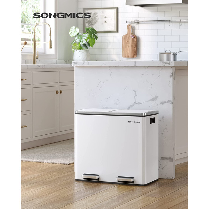 Сортувальний смітник для кухні SONGMICS, 3 секції (2×10 л та 30 л), сталевий, з вугільним фільтром, компактний, білий