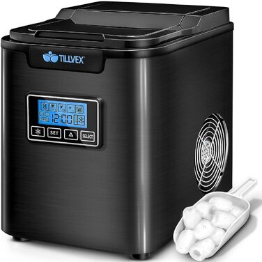 Машина для льоду tillvex з нержавіючої сталі, 12 кг/24 год, LCD дисплей, таймер, самоочищення, резервуар 2,2 л, 3 розміри кубиків, чорна