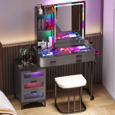 Туалетний столик з підсвіткою RGB, LED дзеркалом, табуретом, 6 шухлядами, скляною стільницею, тримачем для фену, USB Type-C, чорний