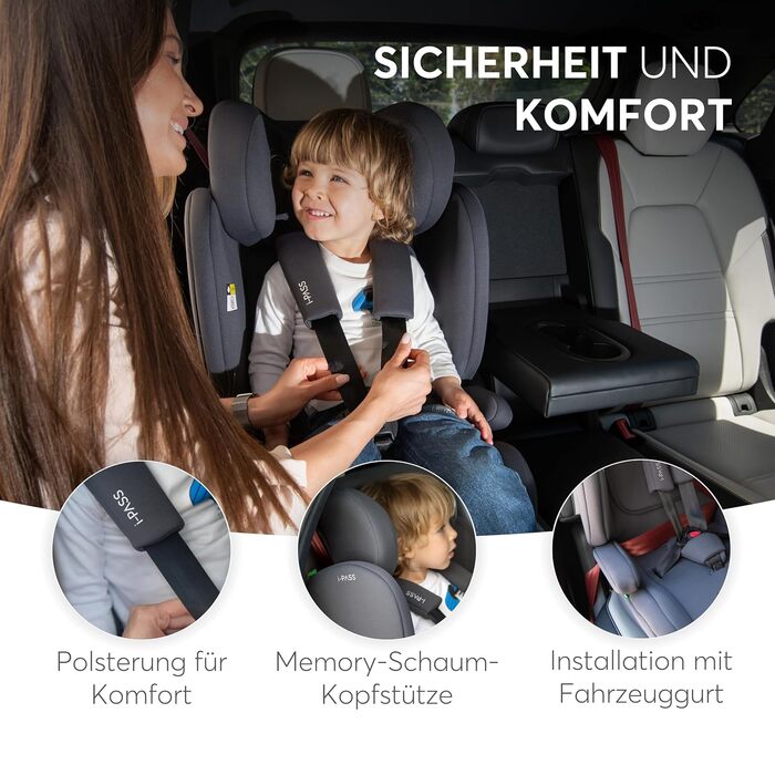 Автокрісло KikkaBoo i-PASS 9-36 кг, сіре, для дітей від 1 року (76-150 см), група 1/2/3, i-Size, з регульованим підголовником
