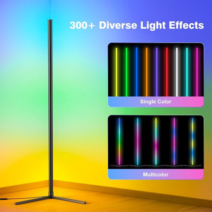 LED Торшер у вітальню RGB з димером, пультом та керуванням через додаток. Кутова LED лампа з 16 млн кольорів, 68+ режимів, музичний режим для спальні та геймінгу
