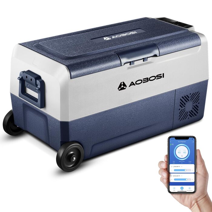 Автомобільний компресорний холодильник AAOBOSI 50л з Wi-Fi, 12/24V та 220V, -20°C для авто, кемпінгу, подорожей, двозонний, з регулюванням температури
