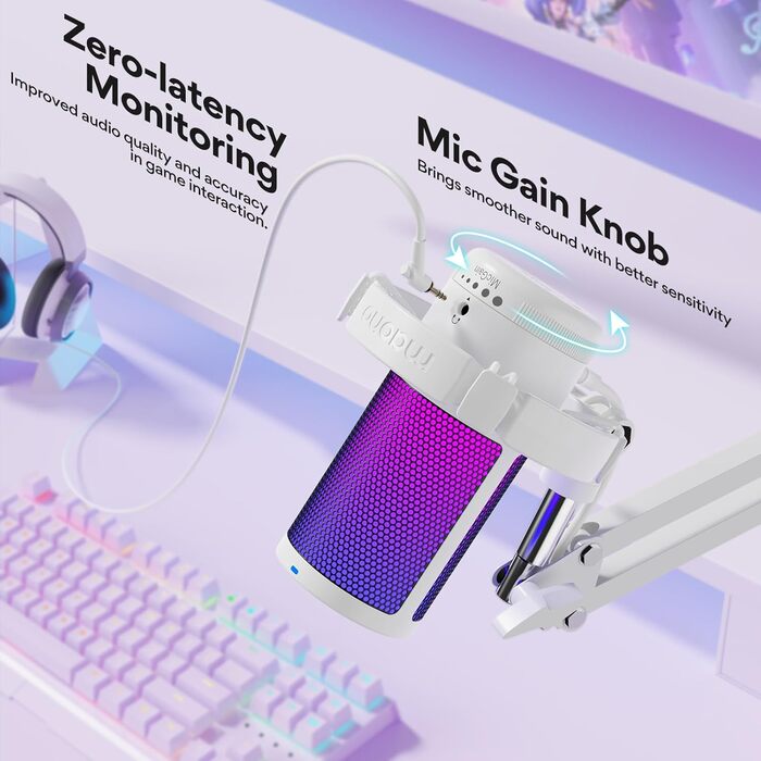 Ігровий USB мікрофон MAONO DGM20S з RGB-підсвіткою, шумозаглушенням, кнопкою вимкнення, регулятором гучності, тримачем і поп-фільтром для ПК, Mac, PS4, PS5