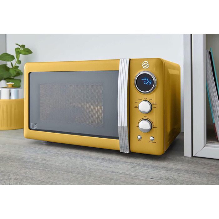 Мікрохвильова піч Swan Retro 20 л, 800 Вт, жовта, цифрова, 5 режимів, розморожування, таймер 60 хв, дзеркальні дверцята, вінтажний дизайн
