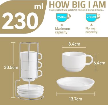 Набір порцелянових чашок для еспресо та капучино Sweejar Home 230 мл з підставками, чорний, 9 предметів, з металевою стійкою, для кави, латте, чаю