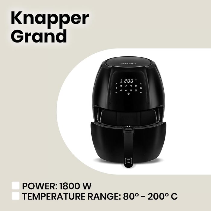 Фритюрниця-гриль ZEEGMA Knapper Grand 1800 Вт, 6 л, аерофритюрниця без олії, 9 програм, швидкий нагрів, сенсорне LCD, енергоефективна, чорна