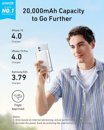 Powerbank Anker Zolo (2025 Upgrade) 20000mAh 30W з USB-C кабелем. Підходить для iPhone, Galaxy та інших пристроїв. Білий