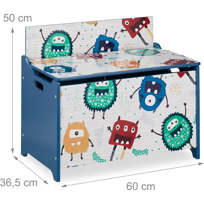 Скриня для іграшок Relaxdays у вигляді монстра, з кришкою, 50x60x36,5 см, МДФ, ігровий ящик синьо-білий