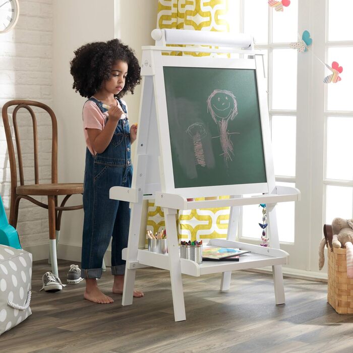 KidKraft Розкішна мольберт з дерева для дітей, двостороння дитяча дошка та Whiteboard, крейдяна дошка з рулоном паперу та 3 кольоровими стаканчиками, іграшка для дітей від 3 років, 62040