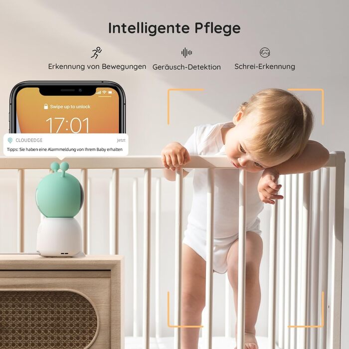 BOIFUN Додаткова камера для немовлят 6T 2K WiFi: відеоняня з нічником, датчиком руху/плачу/звуку, AI-відстеженням, датчиком температури/вологості, записом відео