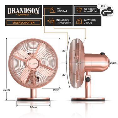 Вентилятор настільний Brandson мідний, 3 швидкості, з осциляцією 80° та нахилом 40°, металевий корпус (Рожеве золото)