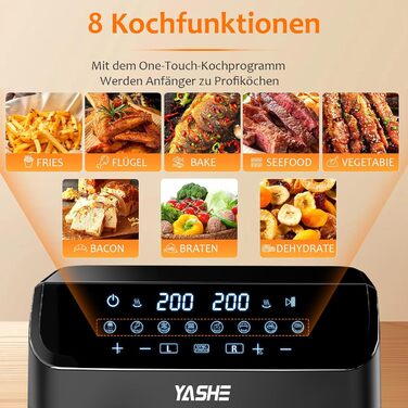 Двоциліндрична аерофритюрниця YASHE 9 л XL з цифровим керуванням, подвійна фритюрниця з сенсорним дисплеєм, 8-в-1, здорове приготування без олії та жиру