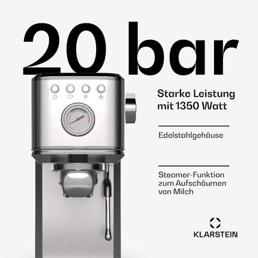 Еспресо-машина Klarstein SteelPresso Slim, 20 Бар, 1350 Вт, нержавіюча сталь, 1,2 л, з паровою насадкою, компактна, проста у використанні