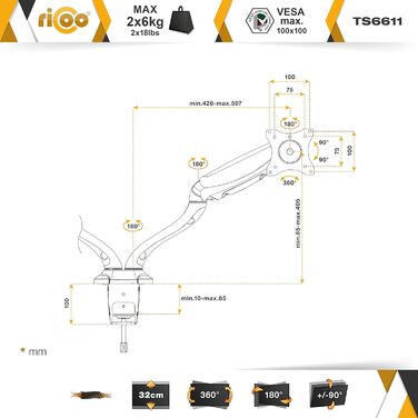 Кріплення для монітора RICOO TS3911 для 2 моніторів: регульована підставка з газовою пружиною, VESA 75x75/100x100, для моніторів 17-32 дюймів