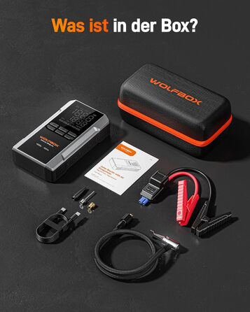 WOLFBOX 4000A: Пускозарядний пристрій з компресором 160PSI, 12V, 65W, 88.8Wh, для бензинових/дизельних двигунів 10L, LED-ліхтар, кабелі для пуску