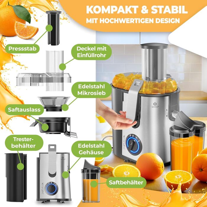 KESSER® Електрична центрифужна соковитискачка для фруктів та овочів з нержавіючої сталі 1100W, велика завантажувальна трубка, 3 швидкості, сірий/срібний колір