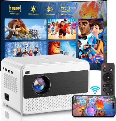 Проектор Smart Beamer WiFi для домашнього кіно, 16000 Люмен Full HD 1080P, електричний фокус, Zoom, Bluetooth, сумісний з iOS/Android/Fire Stick/Laptop/PS5