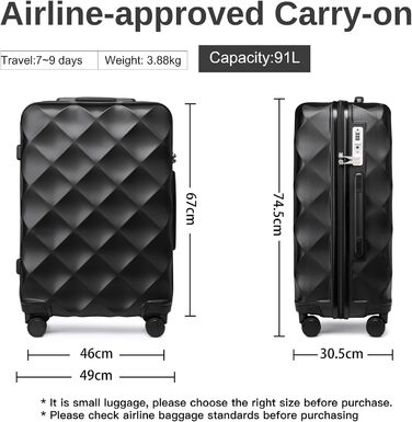 Валіза British Traveller XL, жорсткий корпус, 74.5×49×30.5 см, чорна, ABS+PC, з TSA-замком, велика дорожня валіза на колесах для подорожей