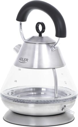 Електричний чайник Adler AD 1282 скляний 1,5 л, підсвітка, бездротовий, BPA-free, автоматичне вимкнення, 2200 Вт, вінтажний дизайн, прозорий/сталь