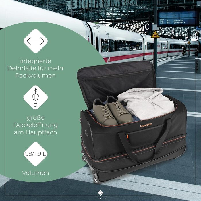 Дорожня сумка на колесах Travelite Basics Duffle L, 70 см, 98-119 л, чорно-помаранчева