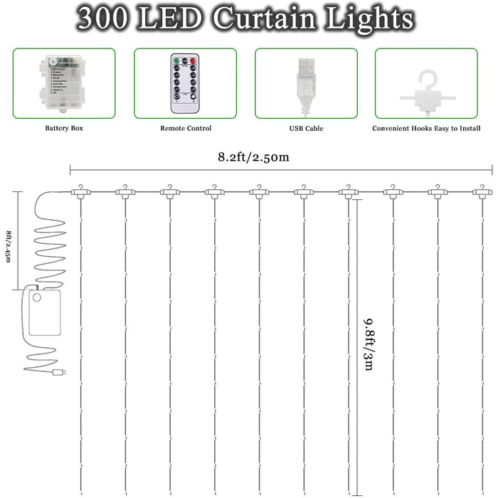 LED світловий завіса 3x3 м 300 LED, тепле біле світло, водонепроникна, USB/батарея, 8 режимів, таймер, пульт, для декору спальні та вечірок