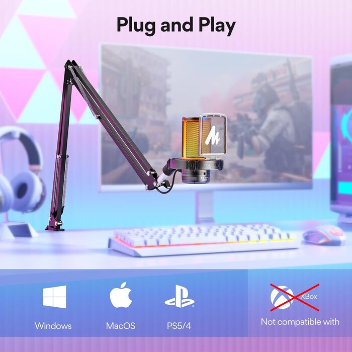MAONO ігровий USB конденсаторний мікрофон з шумозаглушенням, RGB підсвічуванням для стрімінгу, подкастів, YouTube, Discord, Plug and Play, для ПК, Mac, PS4, PS5, DGM20S Black Crystal