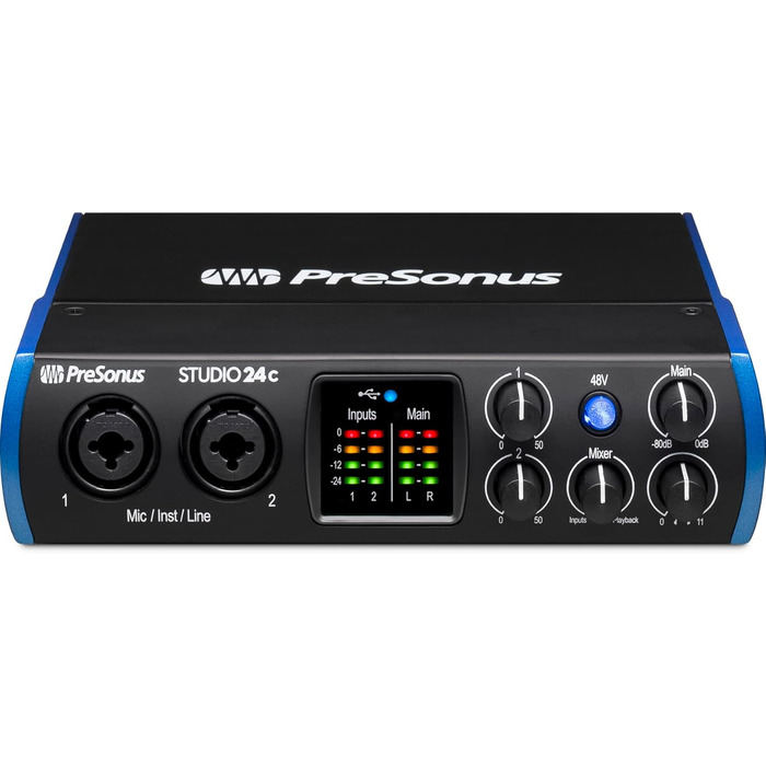 Аудіоінтерфейс PreSonus Studio 24c USB-C для запису, стрімінгу та подкастингу з програмним забезпеченням (2 мікрофонні преампи/2 виходи)