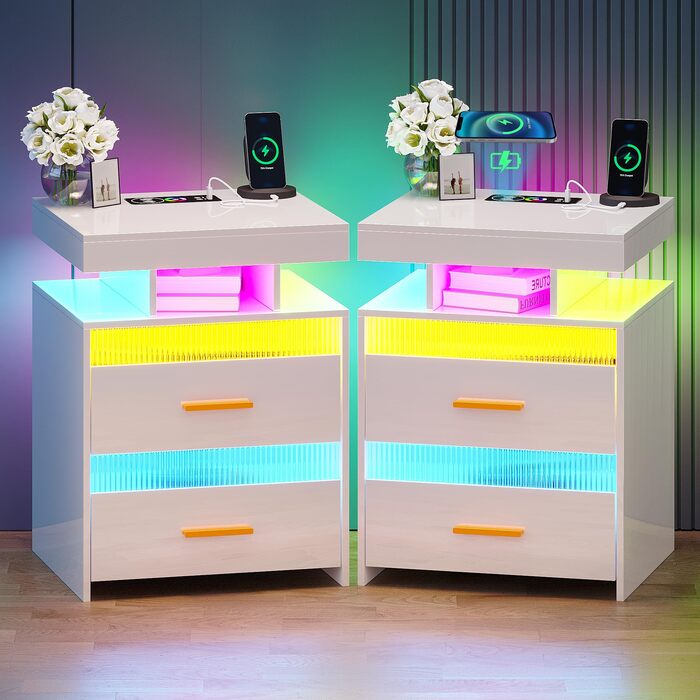 Нічний столик Lvifur з LED-підсвічуванням, датчиком руху та USB/Type-C зарядкою, 2 шухляди, бездротова зарядка, 3 кольори, регульована яскравість, чорний колір