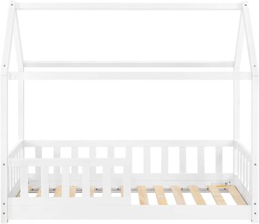 Дитяче ліжко Juskys Marli 80x160 см з бортиком, ламельною основою та дахом, будиночок з масиву дерева, біле