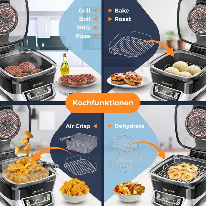 Мультиварка KESSER® 8л з фритюрницею, 16 програм, срібна: приготування на грилі, випікання, тушкування, приготування на пару, підтримка тепла, рисоварка, функція йогурту