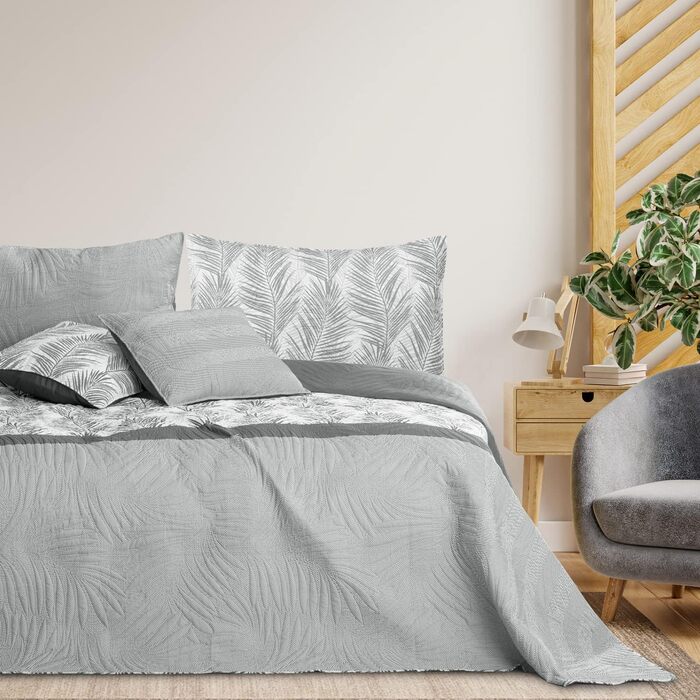 Покривало AmeliaHome Tropical Bonaire 260x280 см, двостороннє, стьобане, легкий догляд, рослинний візерунок, сірий/білий