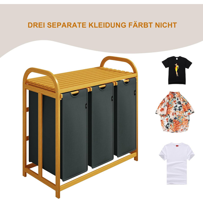 Кошик для білизни AdelDream з бамбуковою рамою 150 л, 3 секції, сірий, сортувальник білизни, дизайн із дугою