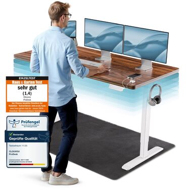 Електричний підйомний стіл CLOUVOU ProDesk 160x80 см, двомоторний стіл з регулюванням висоти, пам'яттю, USB-портами та кабель-менеджментом (білий каркас, дерев'яна стільниця)