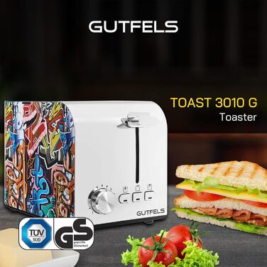 Тостер Gutfels TOAST 3010 G на 2 скибки з підставкою для булочок, 7 режимів, 850 Вт, функції розморожування, підігріву і зупинки, стильний дизайн Graffiti