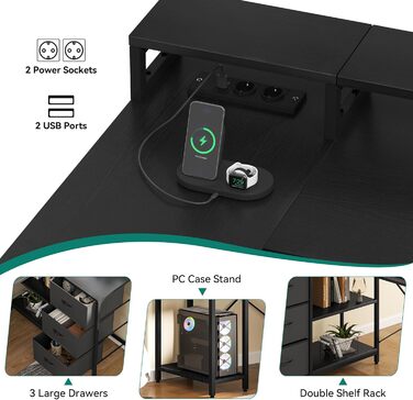 Кутовий комп'ютерний стіл YITAHOME з USB-зарядкою та розеткою, 4 шухляди, полиця, підставка під монітор, 140x100 см, чорний