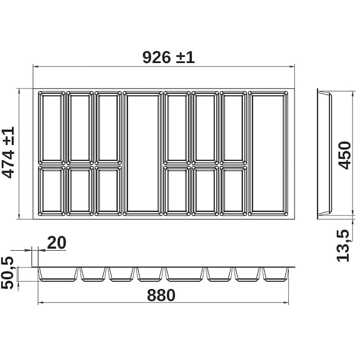Вставка для столових приладів ORGA-BOX VII чорна 926x474 мм для ящиків Siematic, Schüller, кухонь, корпус 1000 мм