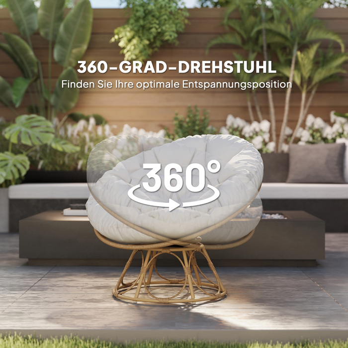 Outsunny Papasan Крісло Ротанг 360° Поворотне плетене крісло з подушкою сидіння Діаметр 120 см Кругле зовнішнє ротангове крісло Поворотне крісло Крісло для відпочинку Крісло Реклайнер для вітальні Сад Балкон Світло-сірий