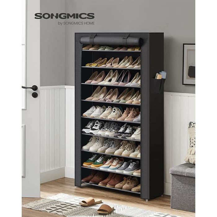 SONGMICS металевий стелаж для взуття на 10 рівнів, 28x88x160 см, з пилозахисним чохлом, органайзер для взуття, для підборів і спортивного взуття, чорний