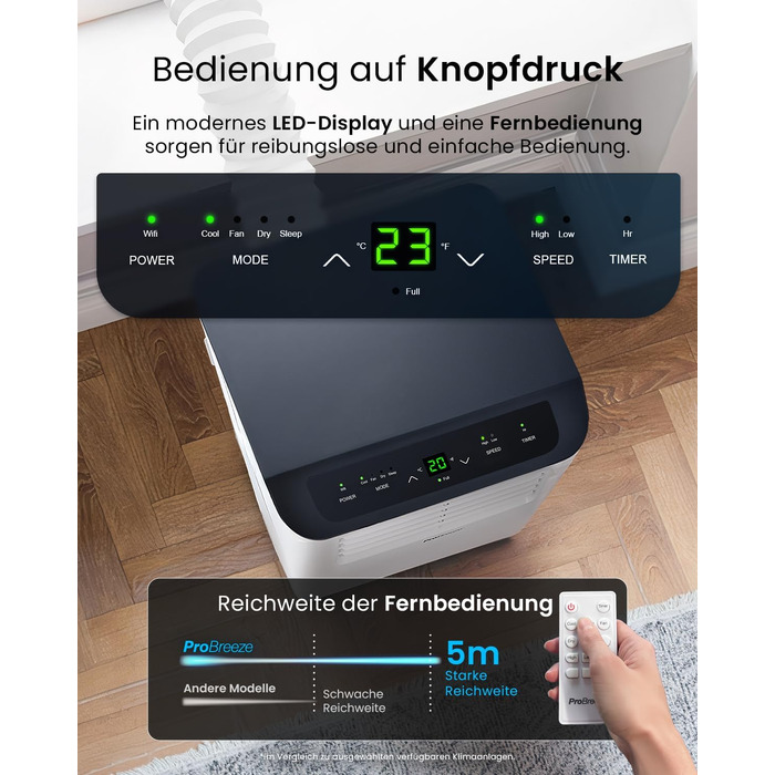Мобільний кондиціонер Pro Breeze 9000 BTU 4-в-1: охолодження, вентиляція, осушення, нічний режим. Клас енергоефективності A, пульт, таймер 24 год, управління зі смартфона