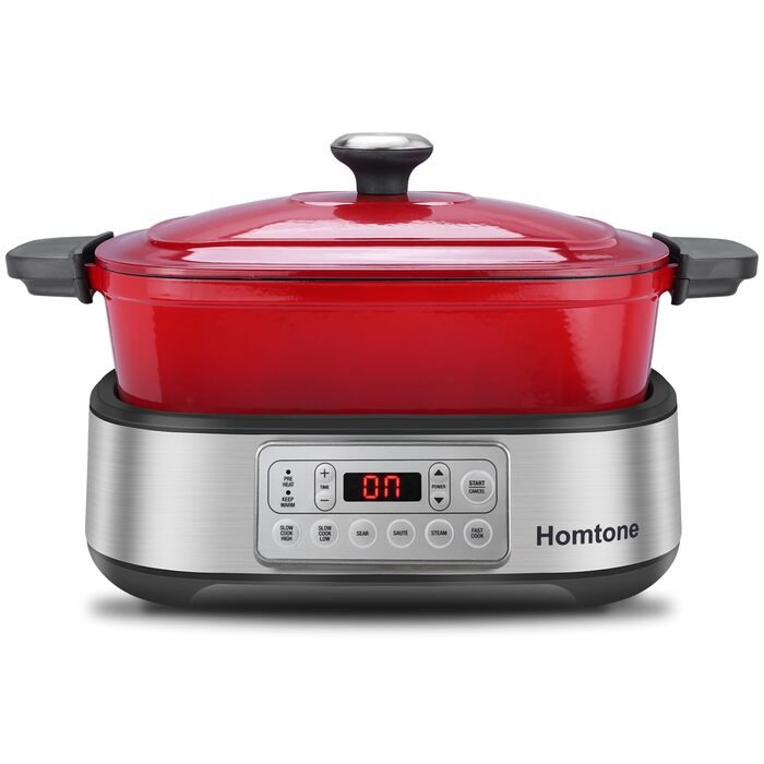 Мультиварка Homtone 6-в-1, 5.5L з керамічним покриттям, червона. Повільне приготування, смаження, варіння на пару