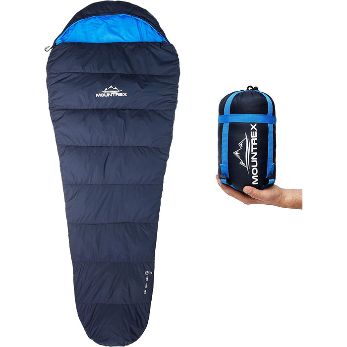 Спальний мішок MOUNTREX ультралегкий 760г, компактний, літній, для кемпінгу, подорожей, фестивалів, мумія, теплий, темно-синій, з'єднуваний, ліва блискавка