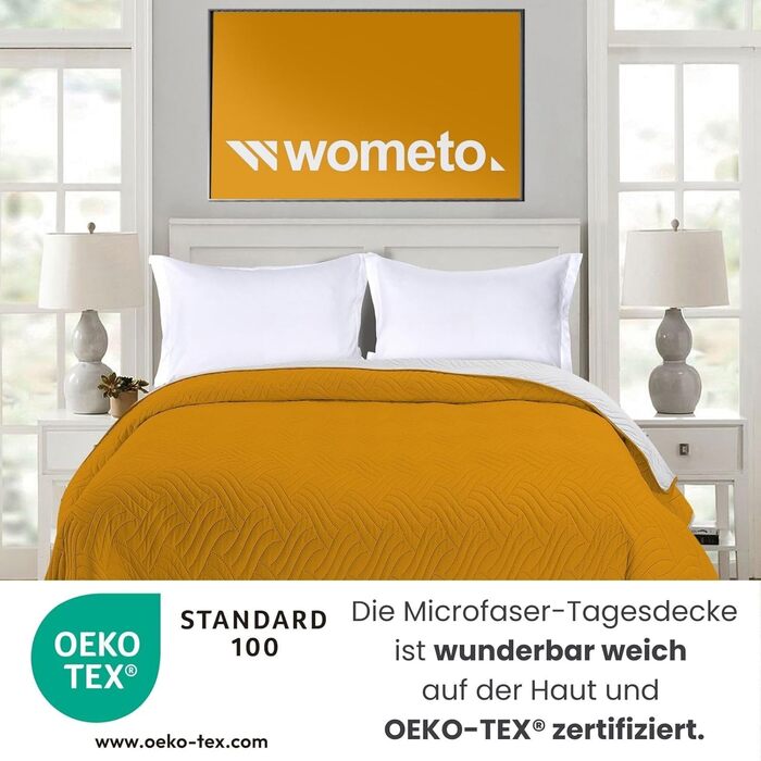 Покривало Wometo 220x240 см жовто-сіре, мікрофібра, стьобане, двостороннє, для ліжка та дивану, Oeko-Tex