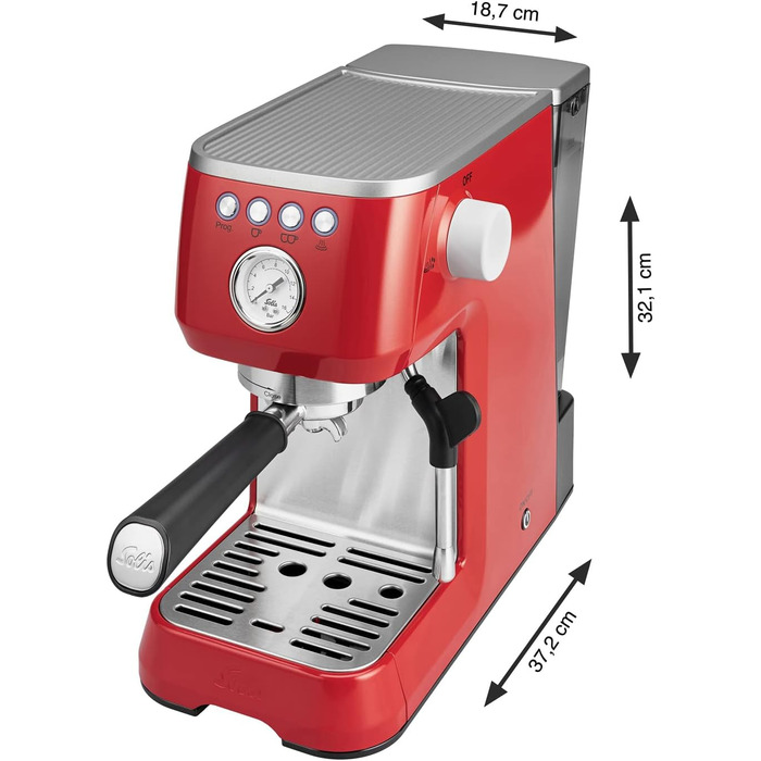 Еспресо-машина Solis Barista Perfetta Plus 1170, професійна ріжкова кавоварка з манометром, паровою та гарячоводною насадкою, температурним регулятором, 54 мм холдером, подвійним носиком, червона