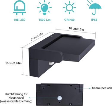 Світильник настінний вуличний Klighten 24W з датчиком руху, антрацит (RAL 7016), 3000K, IP65, 1500 Лм, алюміній