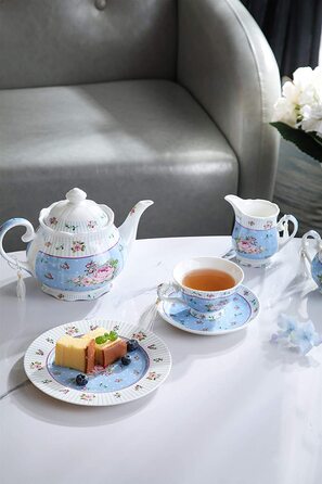 Чашка та блюдце з порцеляни Shabby Chic Vintage, з птахом, метеликом і квітами, подарункова коробка (рожево-блакитна)