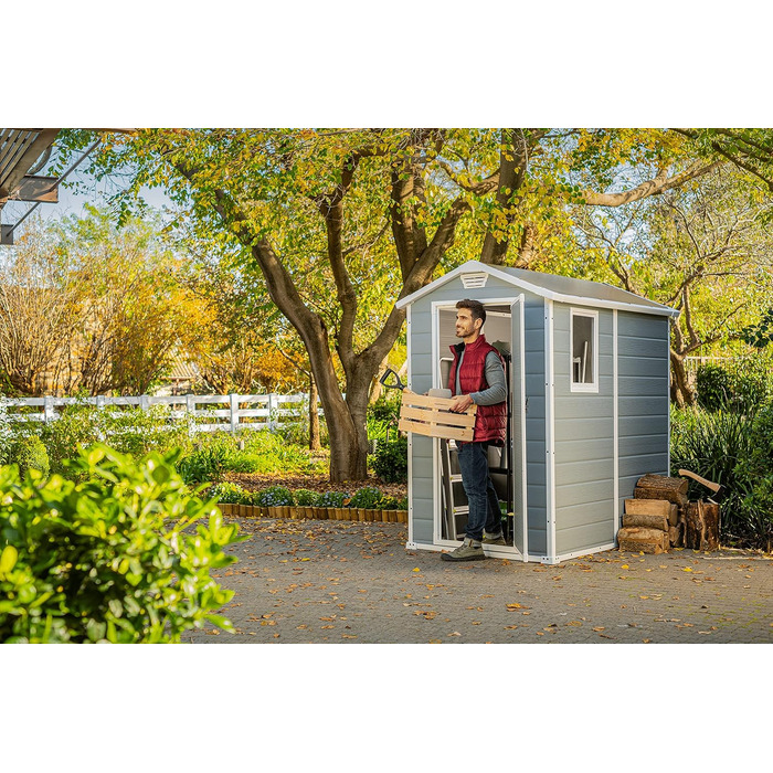 Садовий будинок Keter Manor 4x6S, 3.8м³, пластик, сірий, вологостійкий, 130x192x198 см