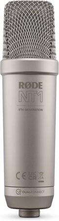 Студійний мікрофон RØDE NT1 5 покоління з великою діафрагмою, XLR та USB, із павуком і поп-фільтром, для запису вокалу, музики та подкастів, сріблястий